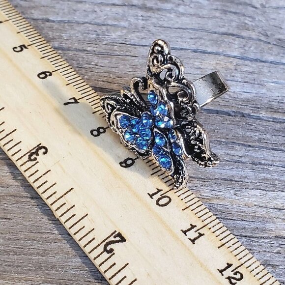 Vintage Y2K 90s Blue Crystal Butterfly Silver Adjustable Cocktail Ring - Picture 7 of 8